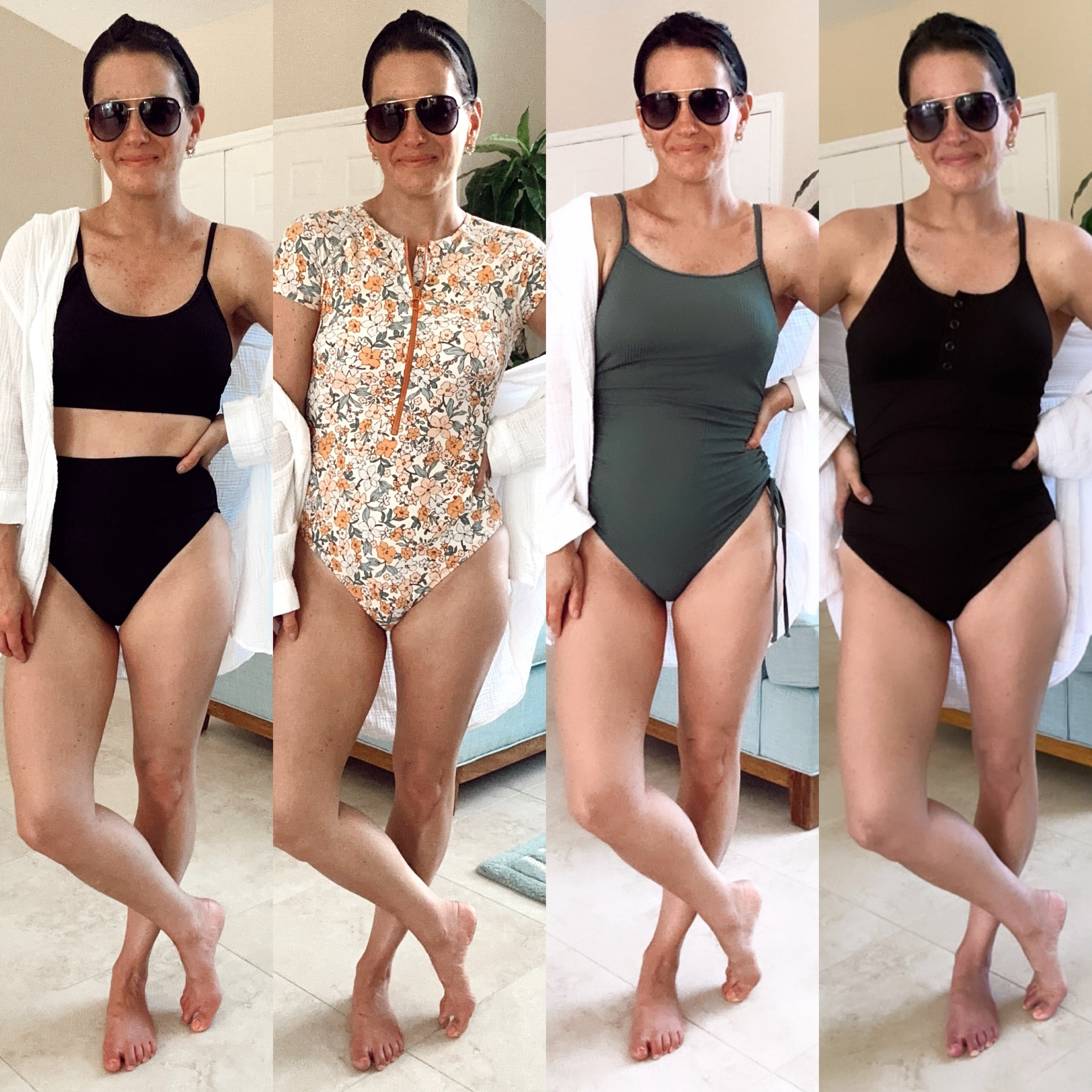 Amazon full coverage swimsuits! High waisted bikini runs true to size.  All one piece suits run true to size except zip up one runs a tad small.  Swim coverup is from Target!



#LTKover40 #LTKfindsunder50 #LTKswim