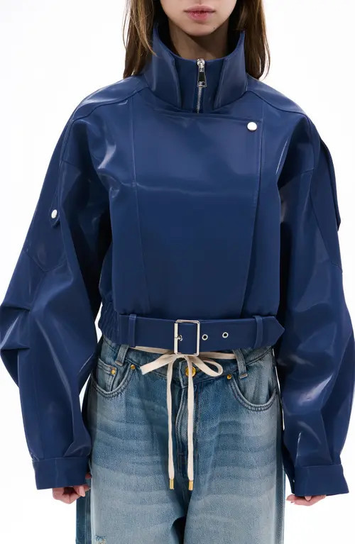 AZALEA WANG Liquid Luxe Shiny Bomber Jacket in Blue at Nordstrom, Size Small | Nordstrom