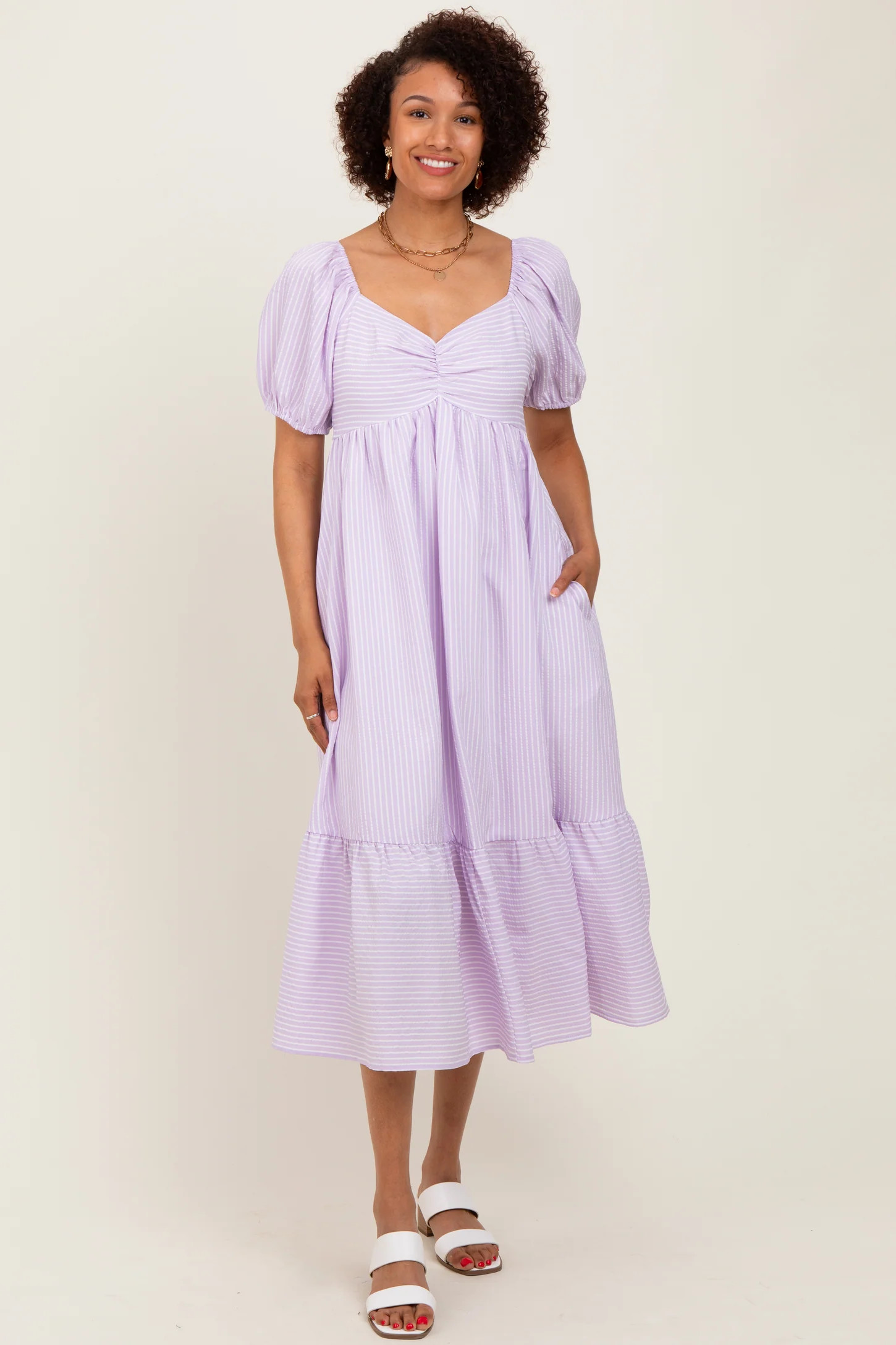 Lavender Sweetheart Stripe Smocked Back Midi Dress | PinkBlush Maternity