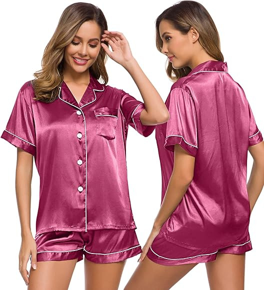 SWOMOG Womens Silk Satin Pajamas Set Two-piece Pj Sets Sleepwear Loungewear Button-Down Pj Sets | Amazon (US)