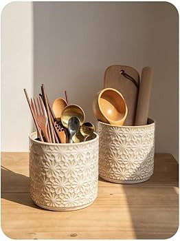 Kitchen Utensil Crock, 5.2" Ceramic Holder for Countertop, Handceafted Farmhouse Utensil Vase For... | Amazon (US)