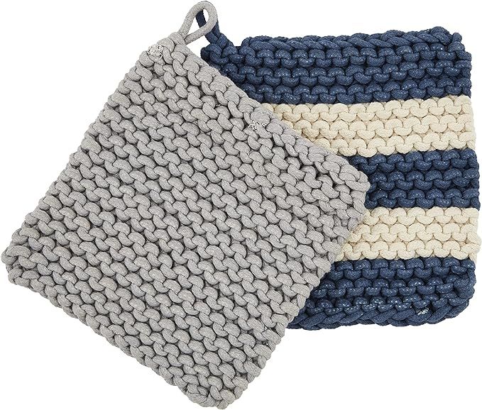 Mud Pie Crochet Pot Holder Set, Blue and Gray, 8" x 8" | Amazon (US)