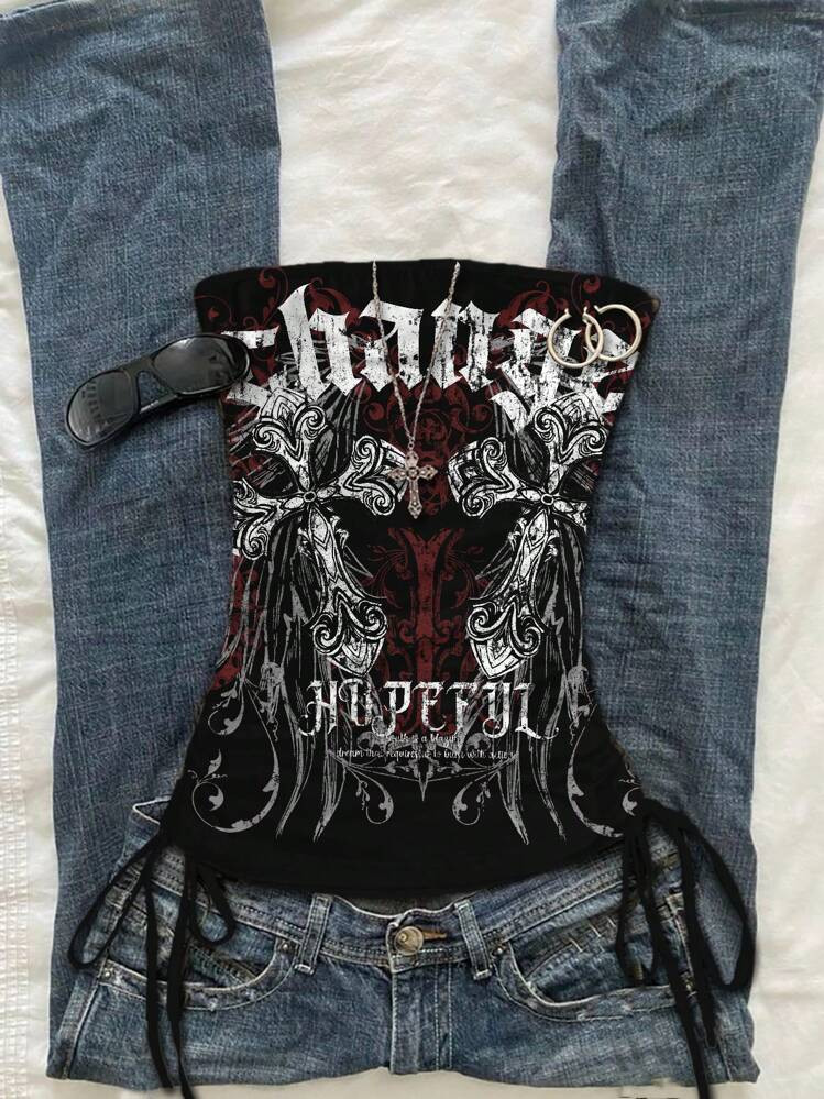 Attitoon Plus Size Women Casual Vintage Ruched Tied Front Bandeau Top, Hippie Style, Sexy Style, Cute, Y2K, Music Festival, Suitable For Summer Girls Trip Suitable For Going Out | SHEIN