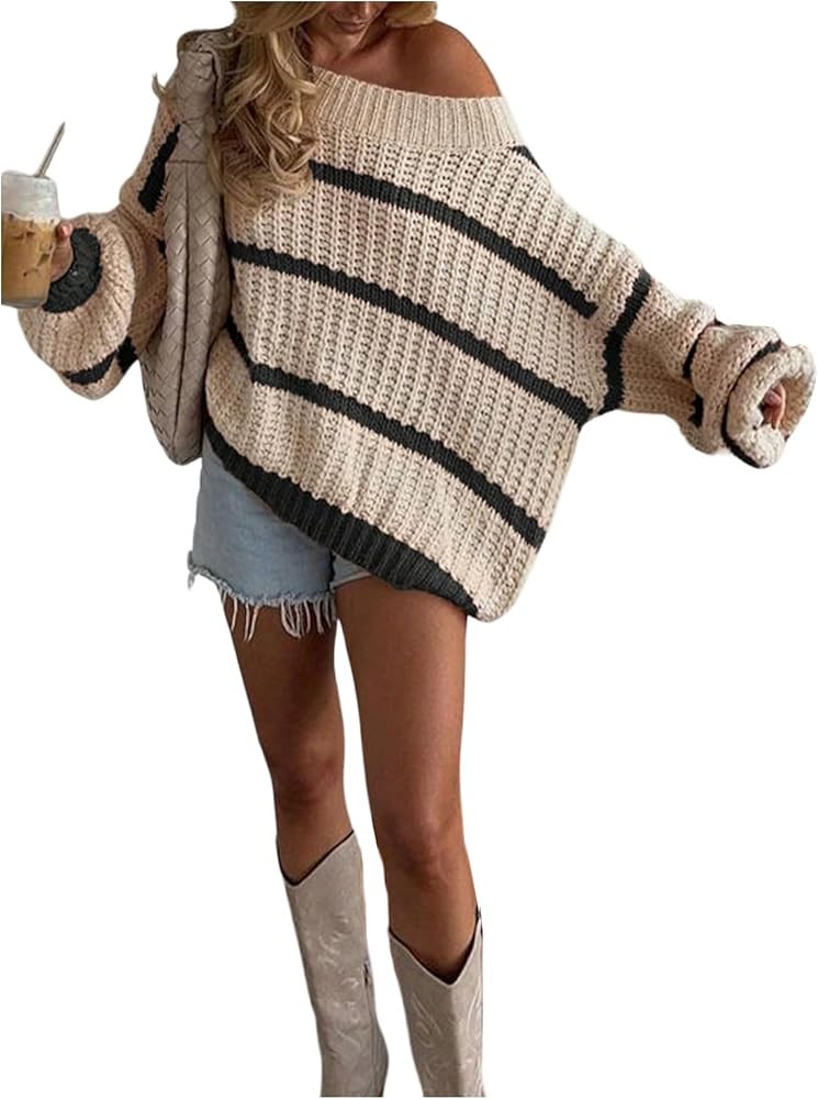 Verdusa Women‘s Off The Shoulder Sweater Striped Color Block Chunky Oversized Cozy Sweaters Win... | Amazon (US)
