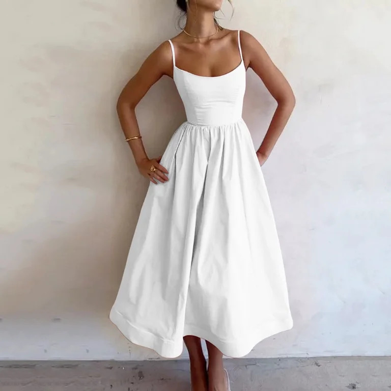 SonxaHe Womens Cinched Waist Flowy A Line Dress Spaghetti Strap Bridesmaid Cocktail Midi Dress Wh... | Walmart (US)