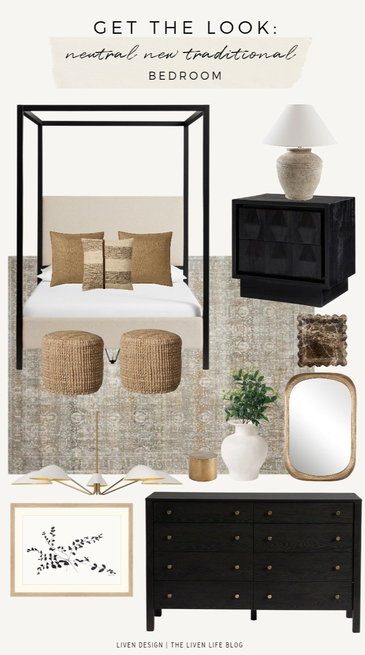 Neutral traditional living room. Home decor. Interior design. Ceramic lamp. Black nightstand. Canopy bed. Ottoman. Distressed aged antique rug. Dresser. Marble tray. Jewelry dish. 

#LTKHome #LTKSeasonal #LTKSaleAlert