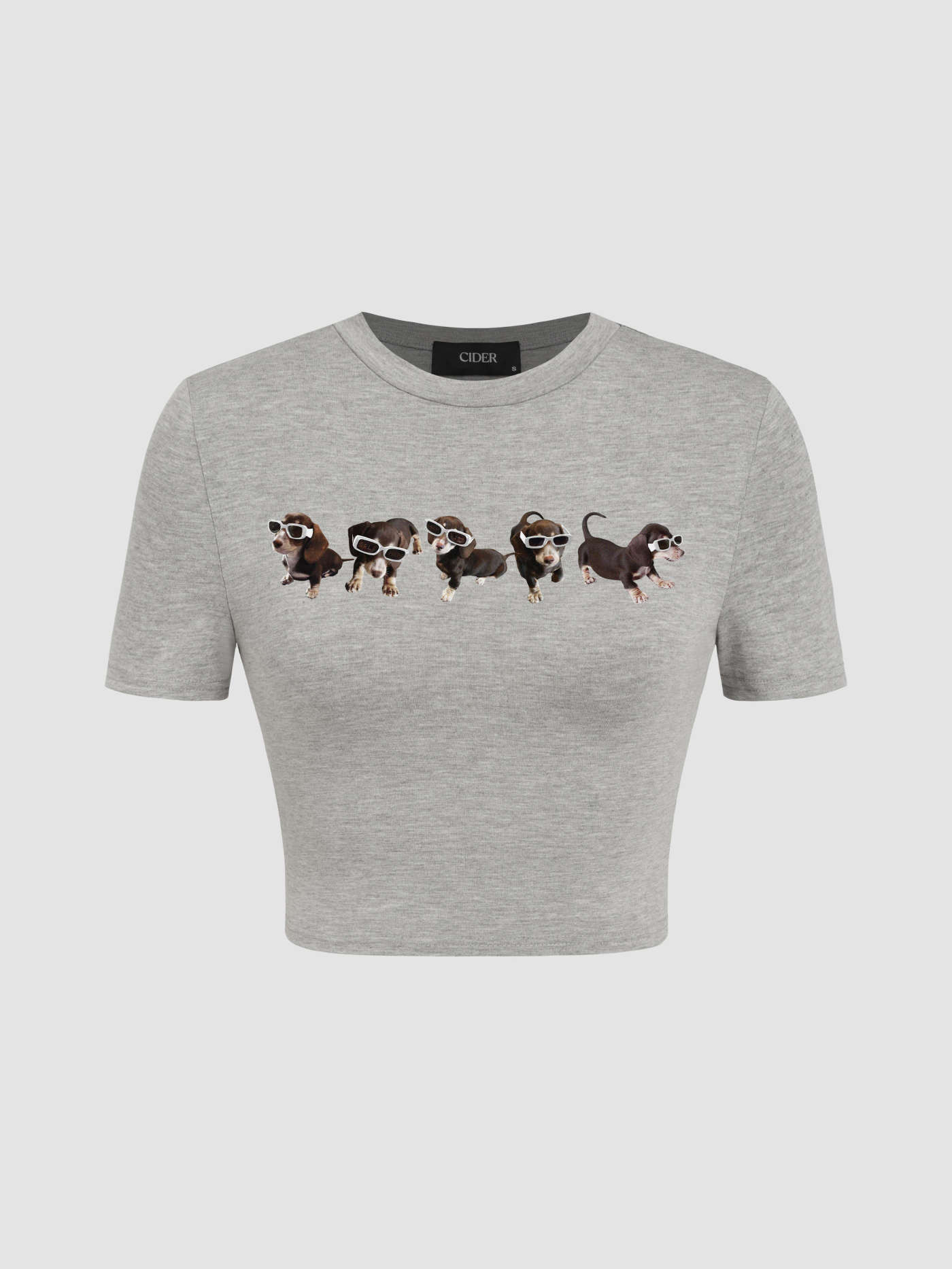 Knit Fabric Sunglasses Dog Graphic Crop Tee For Daily Casual | Cider