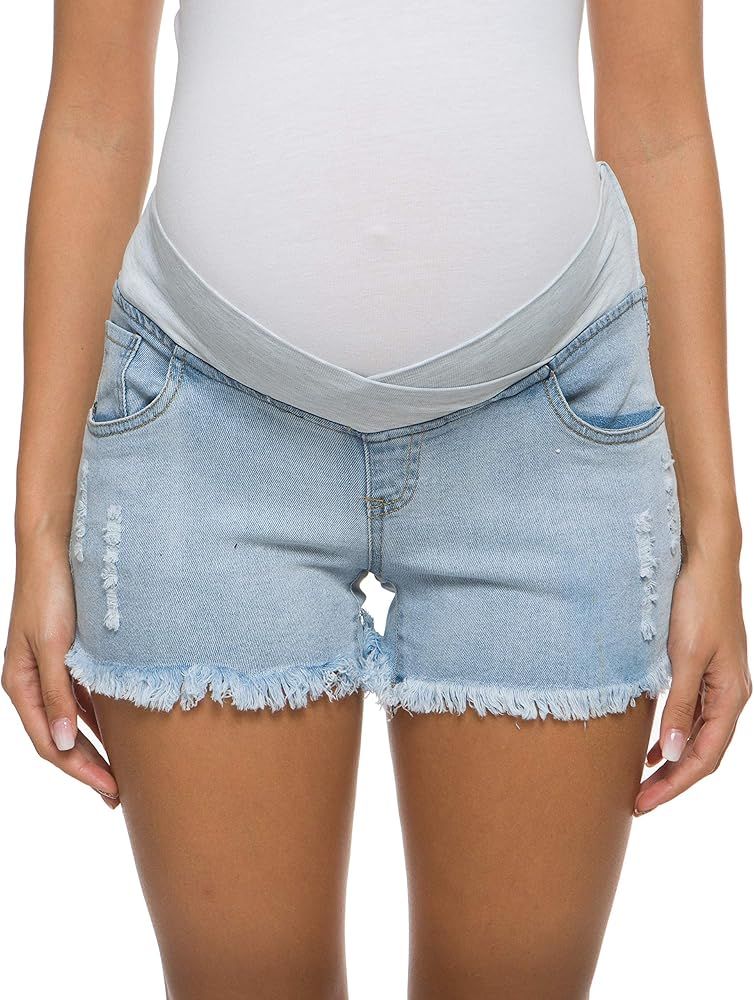 Foucome Women's Maternity Ripped Jean Shorts Summer Distressed Denim Shorts | Amazon (US)