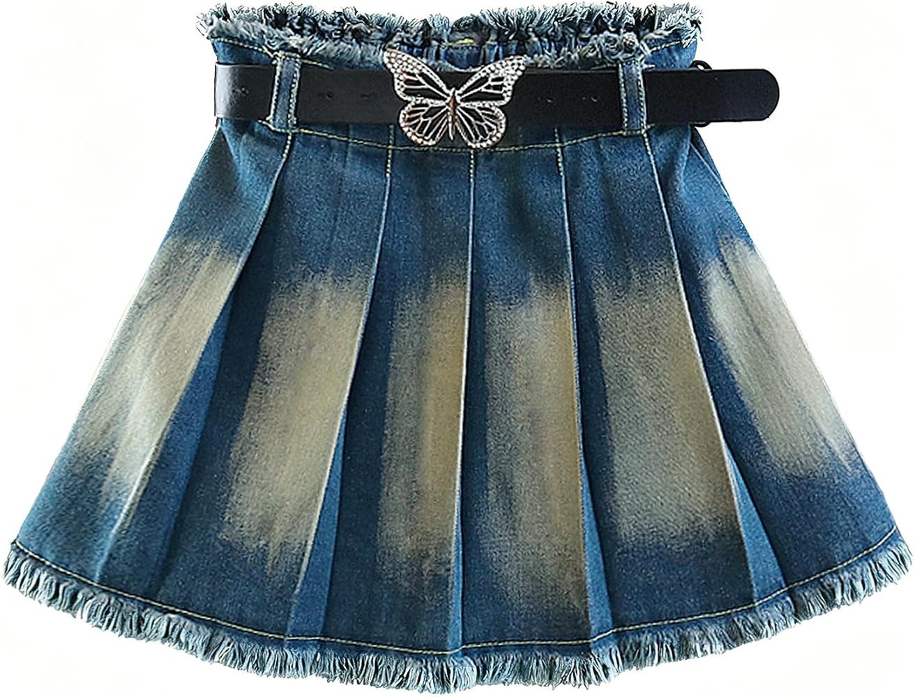 Girls Pleated Denim Skirt with Built-in Shorts, Spray White Wash A-Line School Skirt | Amazon (US)
