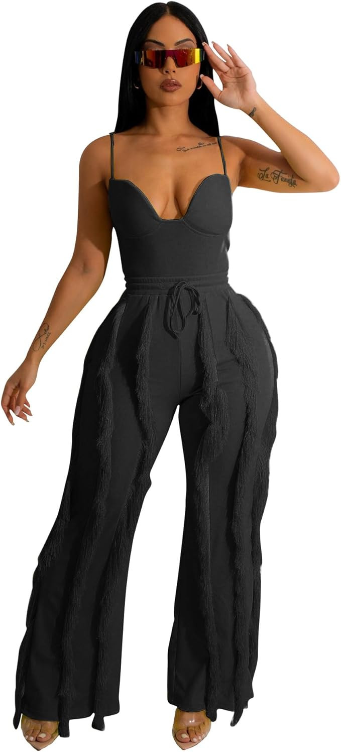 PRIVIMIX Women 2 Piece Outfits Fringe Tassel Long Pants Set Adjustable Suspenders Bodysuit Spaghe... | Amazon (US)