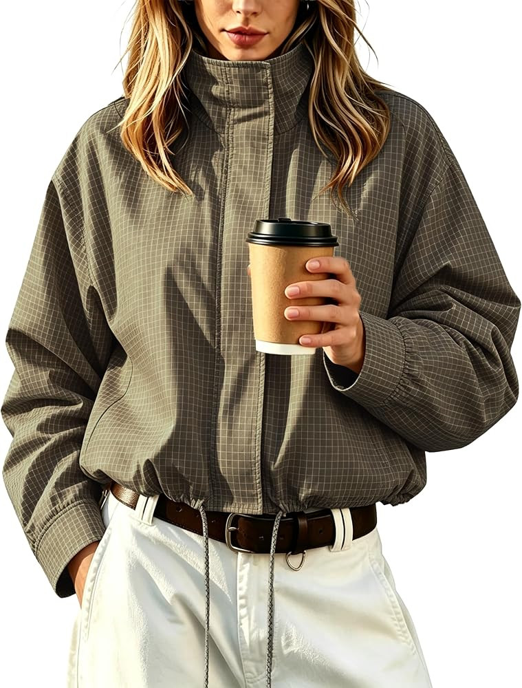 Womens Gingham Jacket Casual Lightweight Cropped Coat | Amazon (US)