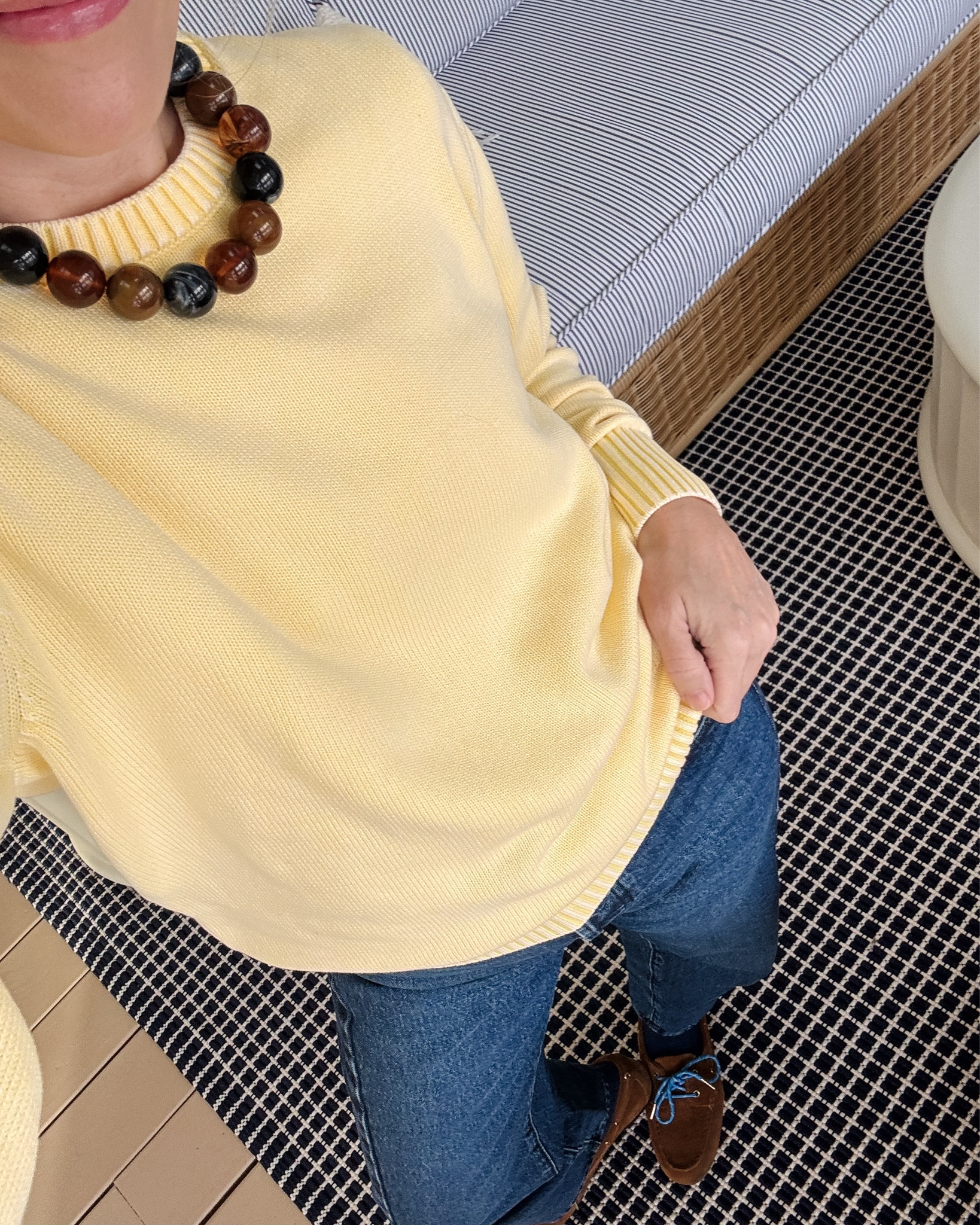 Tuckernuck yellow sweater code YOUROCK color is gorgeous & has a subtle washed feel at the sleeves/collar,

wearing my regular size, standard length in Madewell jeans but go with the size above if you're in between, also linked designer Mother style which I tried but had to return since they were too small in the waist so size up there for sure ~ wearing my regular size small in madewell favorite white tee & Boden jacket true to size, Clare V navy tote ~ Madewell boat shoe loafers are true to size, laces sold separately & linked similar form Sezane & J.Crew ~ everyday eby underwear size up to medium, pepper bra, Bauble bar earring stack ~ xo, Claire

#LTKOver40 #LTKootd #LTKSaleAlert