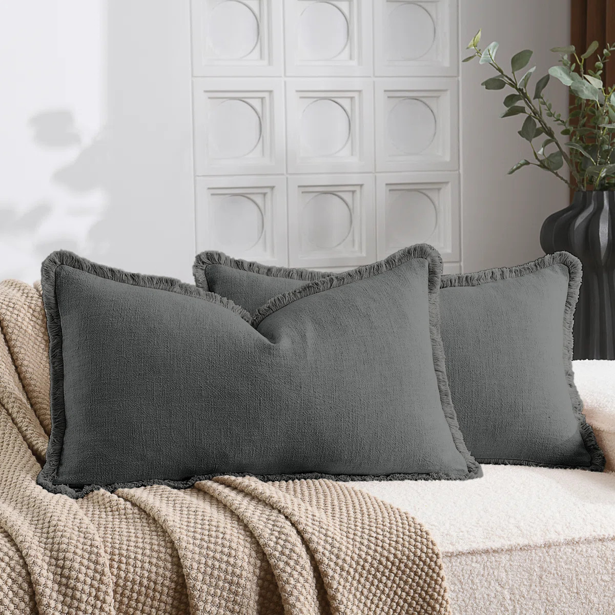 Washed Linen Textured Boho Farmhouse Pillow Cover With Tassels Edge (Set of 2) | Wayfair North America