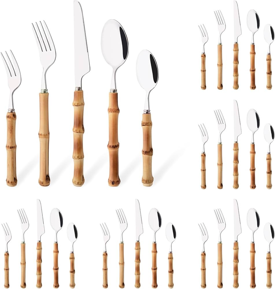 Uniturcky 30PCS Silverware Set for 6, Bamboo Handle Flatware Set, Stainless Steel Cutlery Set for... | Amazon (US)