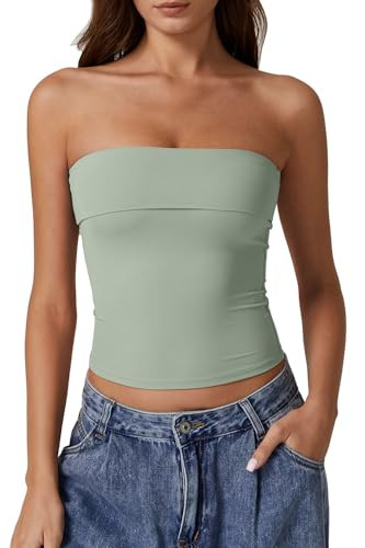 QINSEN Tube Tops for Women Summer Foldover Double Lined Strapless Basic Bandeau Crop Tops Smoke Green XS | Amazon (US)