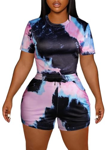 LovelyWholesale Women's Summer 2 Piece Outfits Tie Dye Skinny Shorts Tracksuit Sets Purple Blue XX-Large | Amazon (US)