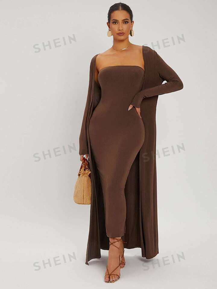 SHEIN SXY Split Hem Tube Bodycon Dress & Open Front Coat | SHEIN