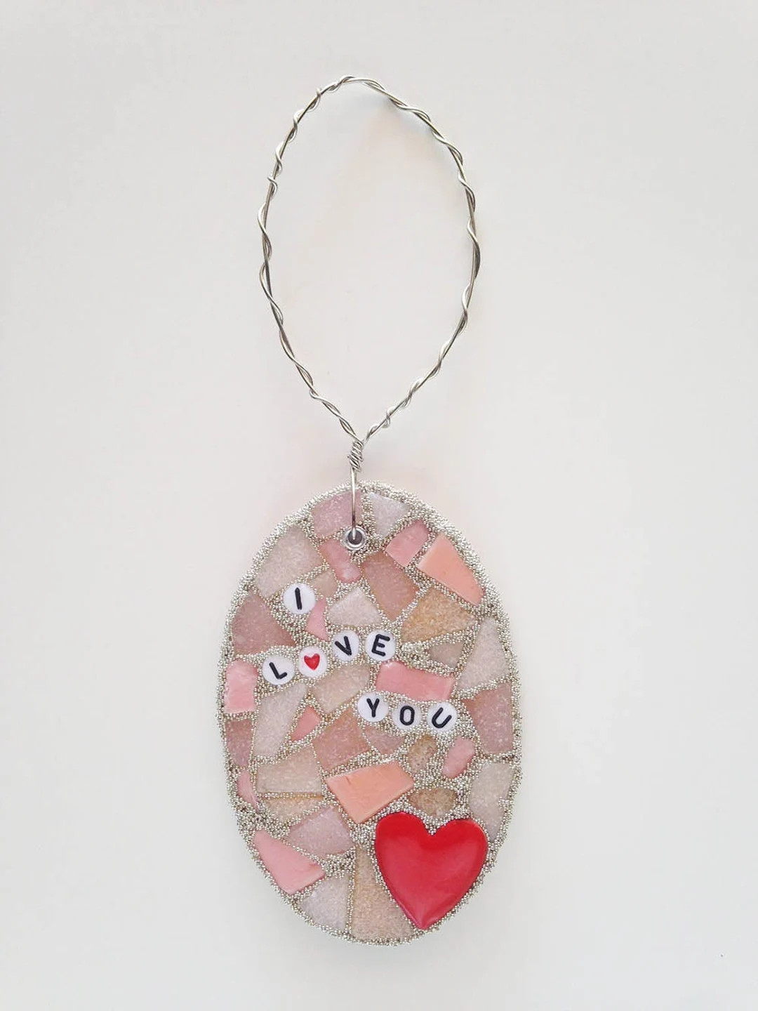 I Love You Mosaic Ornament, Pink Glass, Ceramic Red Heart, Vitreous Glass, Silver Microbeads, Val... | Etsy (US)