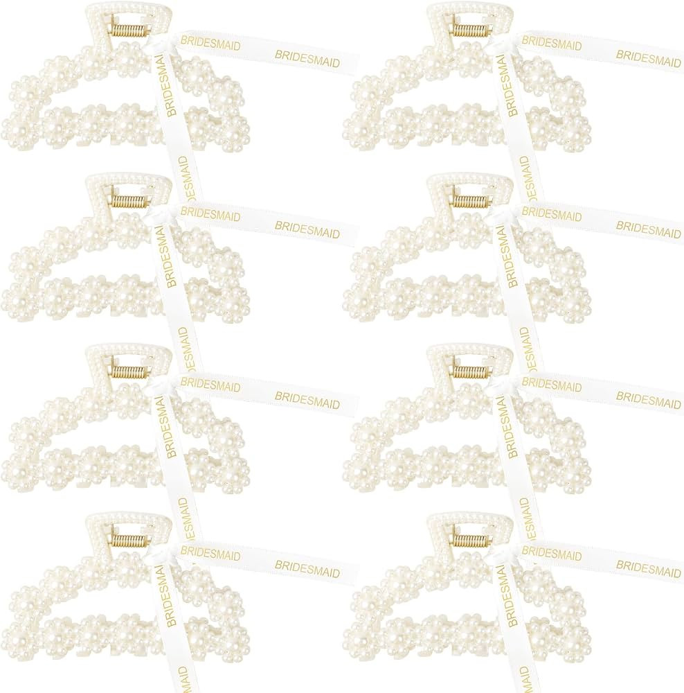 DEEKA Bridesmaid Proposal Gifts 8 Pack Pearl Bridesmaid Hair Claw Clips with Ribbon 3.7 Inch Larg... | Amazon (US)
