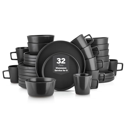 Stone Lain Celina Stoneware 32 Piece Modern Dinnerware Set, Plates and Bowls, Black Matte, Service for 8, Microwave & Dishwasher Safe | Amazon (US)