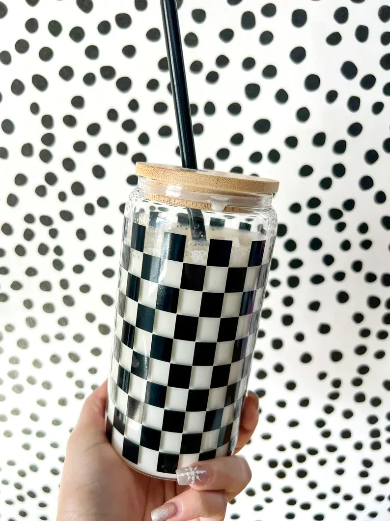 Retro Checkered Glass Cup