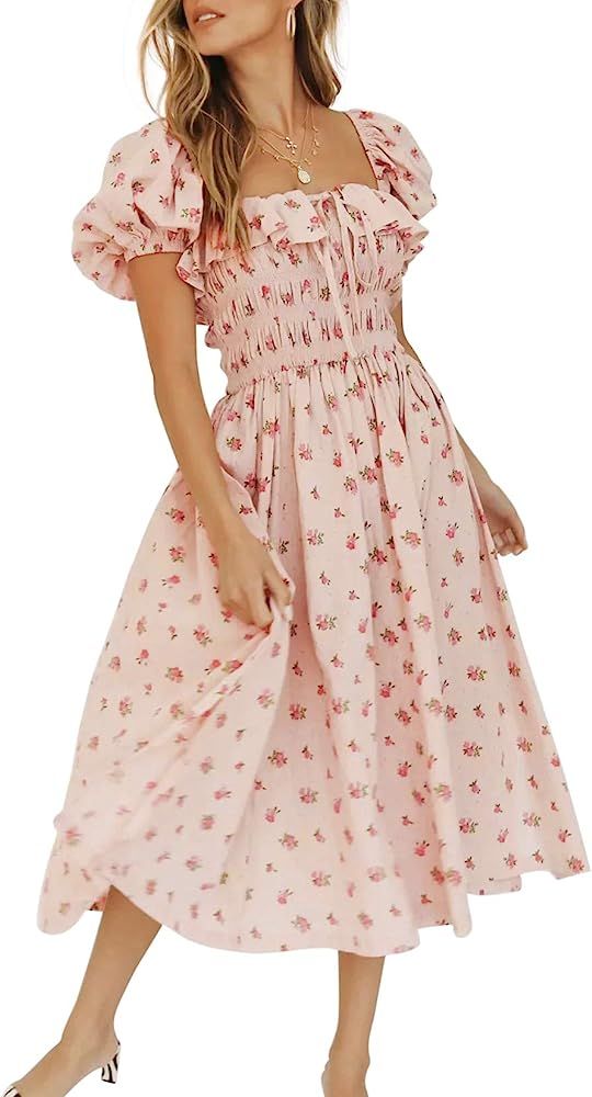 Amazon.com: R.Vivimos Womens Summer Floral Print Puff Sleeves Vintage Ruffles Midi Dress (X-Large... | Amazon (US)