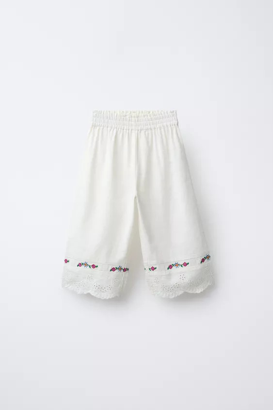 EMBROIDERED FLORAL COTTON BLEND AND LINEN CULOTTES | Zara UK