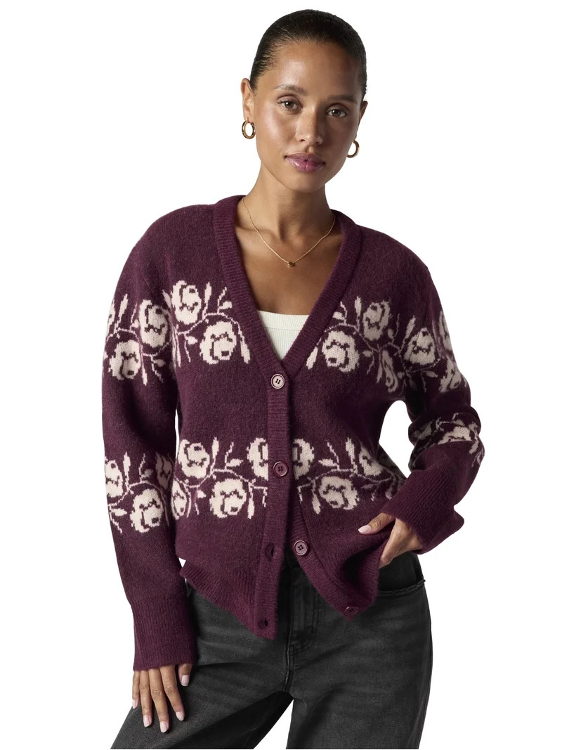 Mills by Millie Bobby Brown Women's Floral Jaquard Sweater Cardigan, Sizes XXS- XXL | Walmart (US)