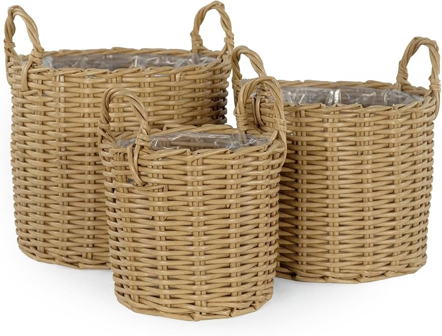 Set of 3 Multi-Purposes Basket with Handler - Hand Woven Wicker - Natural | Amazon (US)