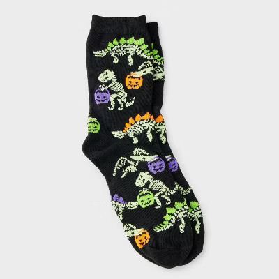Women's Glow-in-the-Dark Trick-or-Treat Dinosaur Halloween Crew Socks - Hyde and EEK! Boutique™ Black 4 - 10 | Target