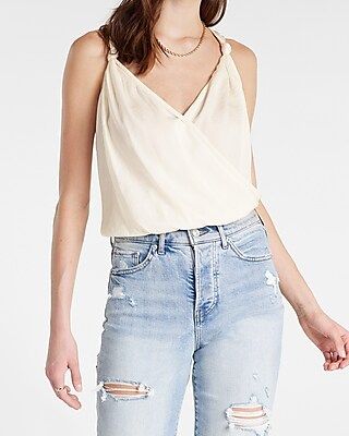 Knotted Straps Faux Wrap Front Satin Tank Top | Express