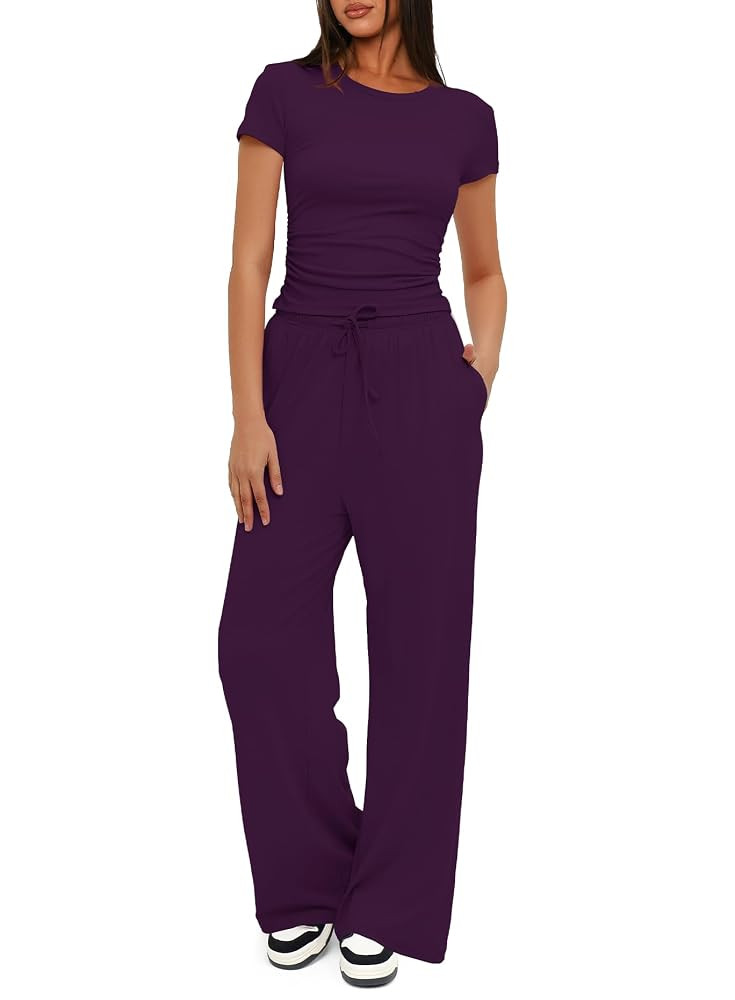 Darong Women's 2 Piece Outfits Lounge Sets Ruched Short Sleeve Tops High Waisted Wide Leg Pants T... | Amazon (US)