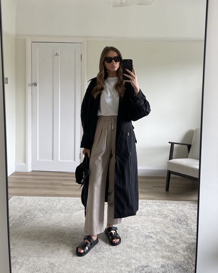 Casual spring outfit idea
Wearing…
A size 12 in the M&S cotton rich white t-shirt (the best on the high-street) 
Small in the & Other Stories black crinkle-effect trench-coat 
XS in the WATthebrand trousers, I would recommend sizing down in these. I’m 5ft 6 
Ganni knot mini bag 
Rayban state-street sunglasses
Hermes Chypre sandals, dupes linked 

#LTKeurope #LTKSeasonal