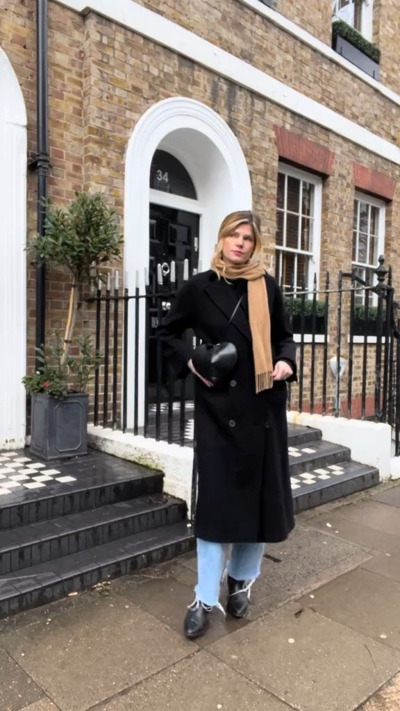 Black coat, winter outfit, heart bag, alaia bag, western boots, balloon jeans, acne camel scarf, nude scarf 

#LTKVideo #LTKover40 #LTKeurope