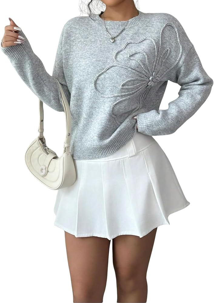 Verdusa Women's Spring 3D Flower Appliques Crewneck Sweaters Long Sleeve Drop Shoulder Pullovers ... | Amazon (US)