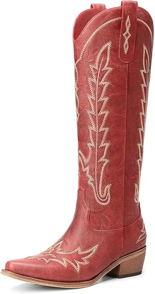 Rivalran Cowboy Boots for Women - Knee High Pointed Toe Chunky Heel Pull On Zipper Western Cowgir... | Amazon (US)