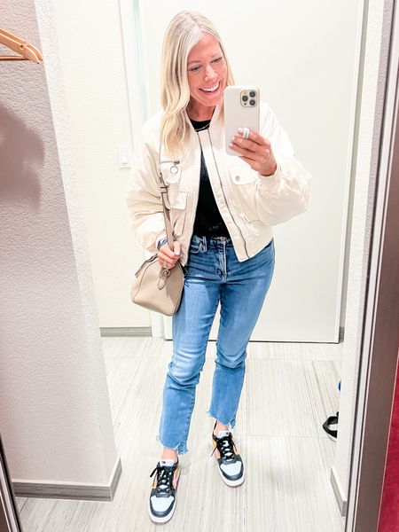 Love this cropped bomber jacket with a black tshirt, straight leg jeans and Nike sneakers. Medium jacket (I went up one), small tee, 0/25 jeans (I sized down one). Big kids 6.5 shoes which equals a women’s 8. Casual outfit ideas. 

#LTKfindsunder50 #LTKstyletip #LTKover40