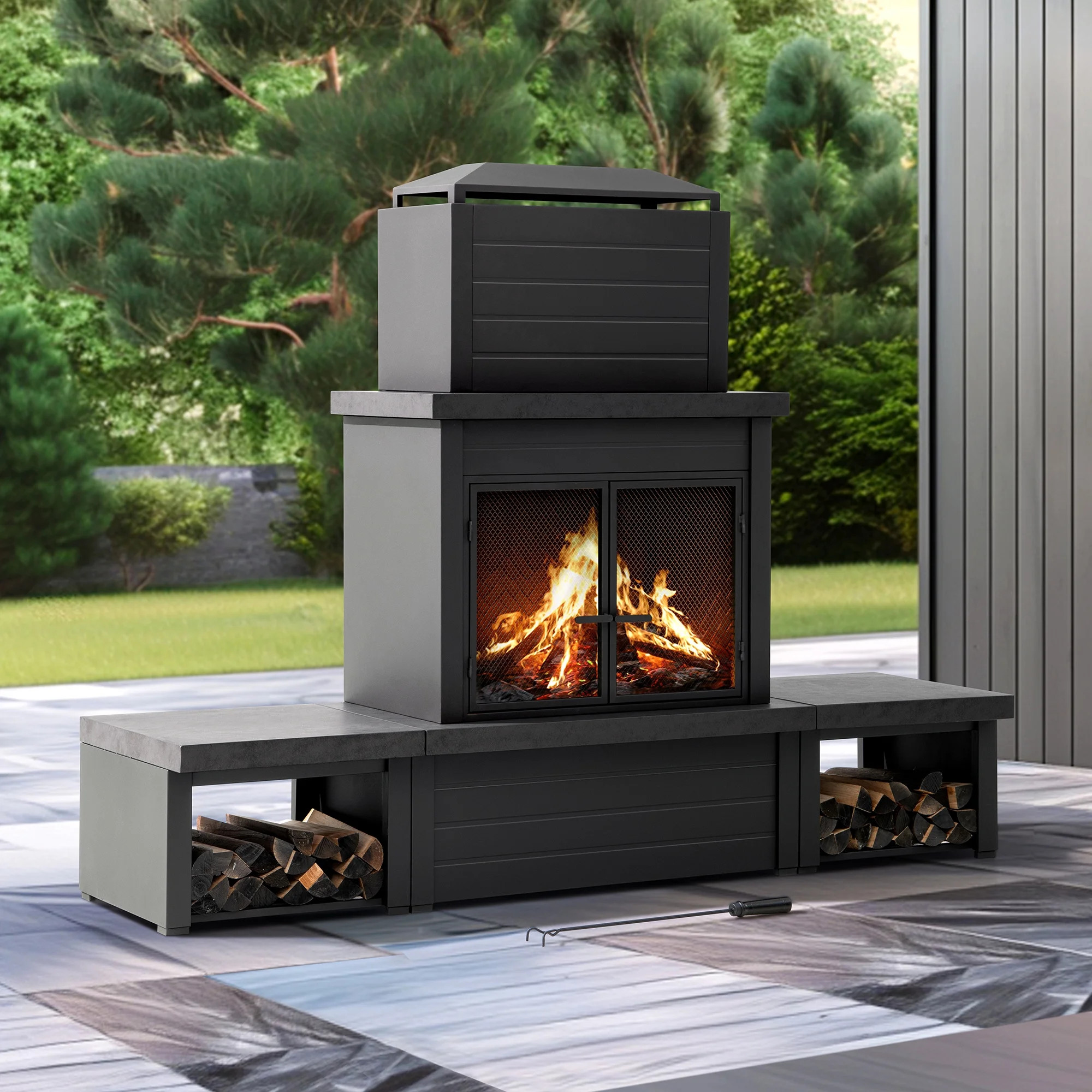 Sunjoy Outdoor Wood Burning Fireplace ,Steel Metal Fire Pit with Wood Storage and Chimney, Firepl... | Walmart (CA)