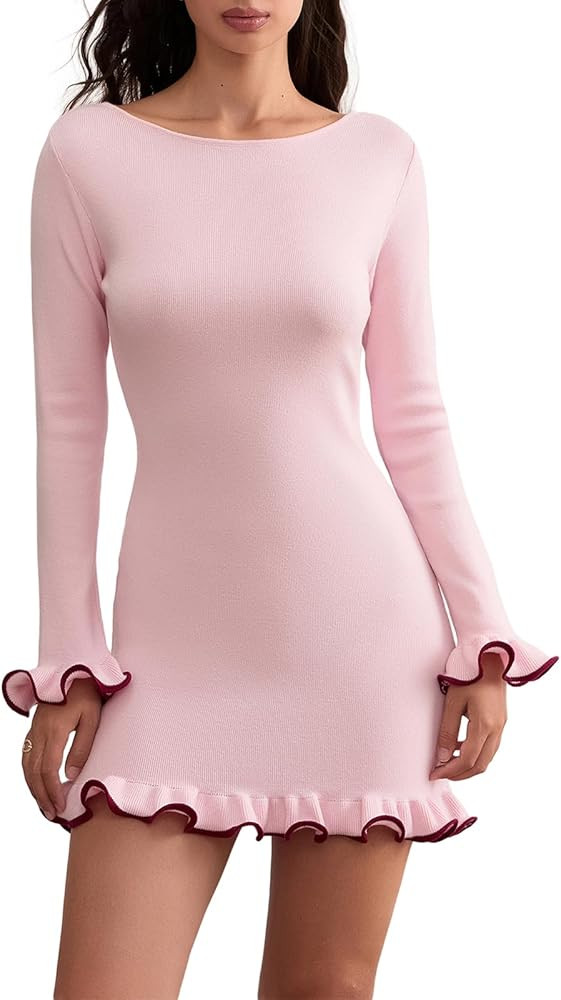 Women Y2k Long Sleeve Knit Mini Dress - Vintage Slim Fit Rolled Edge Fairy Grunge Bodycon Party D... | Amazon (US)