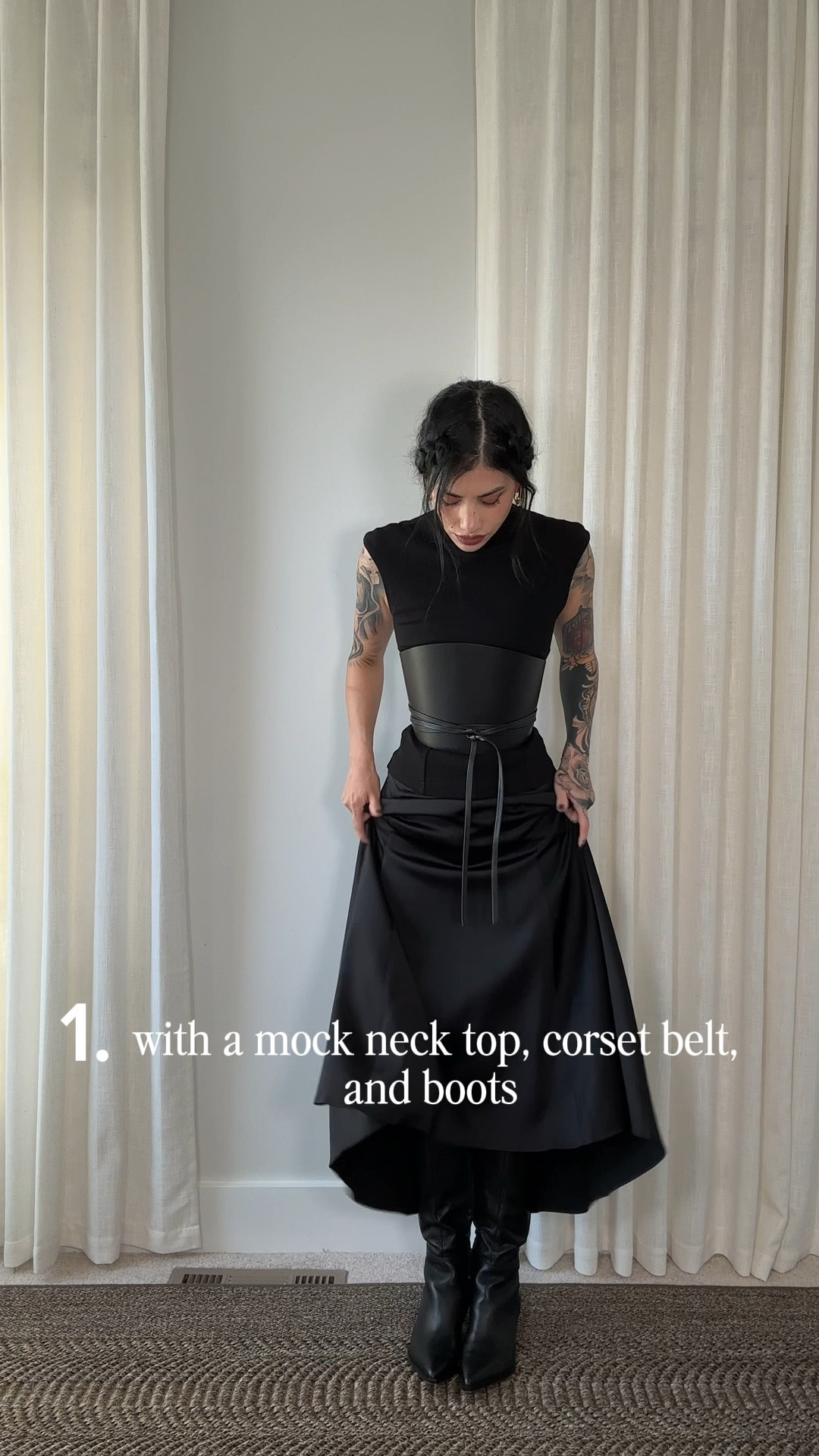 Tall leather boots, dolce vita boots, silk satin skirt, long flowy skirt, minimalist style, modern goth, all black outfit, leather corset belt, 