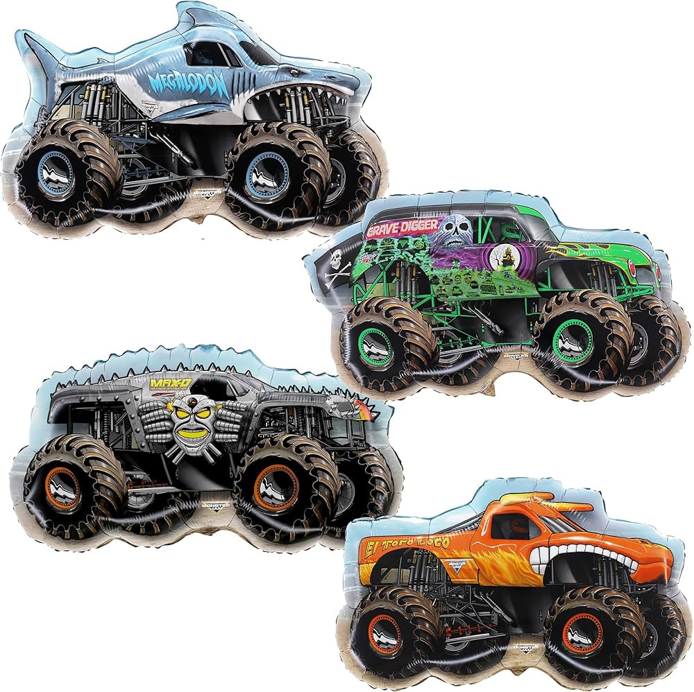 Toyland® Pack Of 4 Monster Jam Truck Foil Balloons - Grave Digger, El Toro Loco, Max D & Megalodon Shaped Character Balloons | Amazon (US)