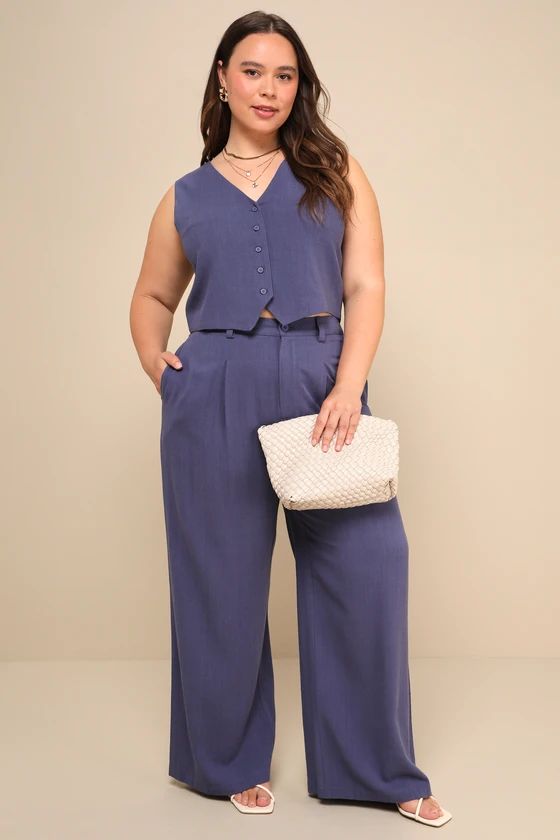 Suits You Perfectly Dark Blue Linen Wide Leg Pants | Lulus