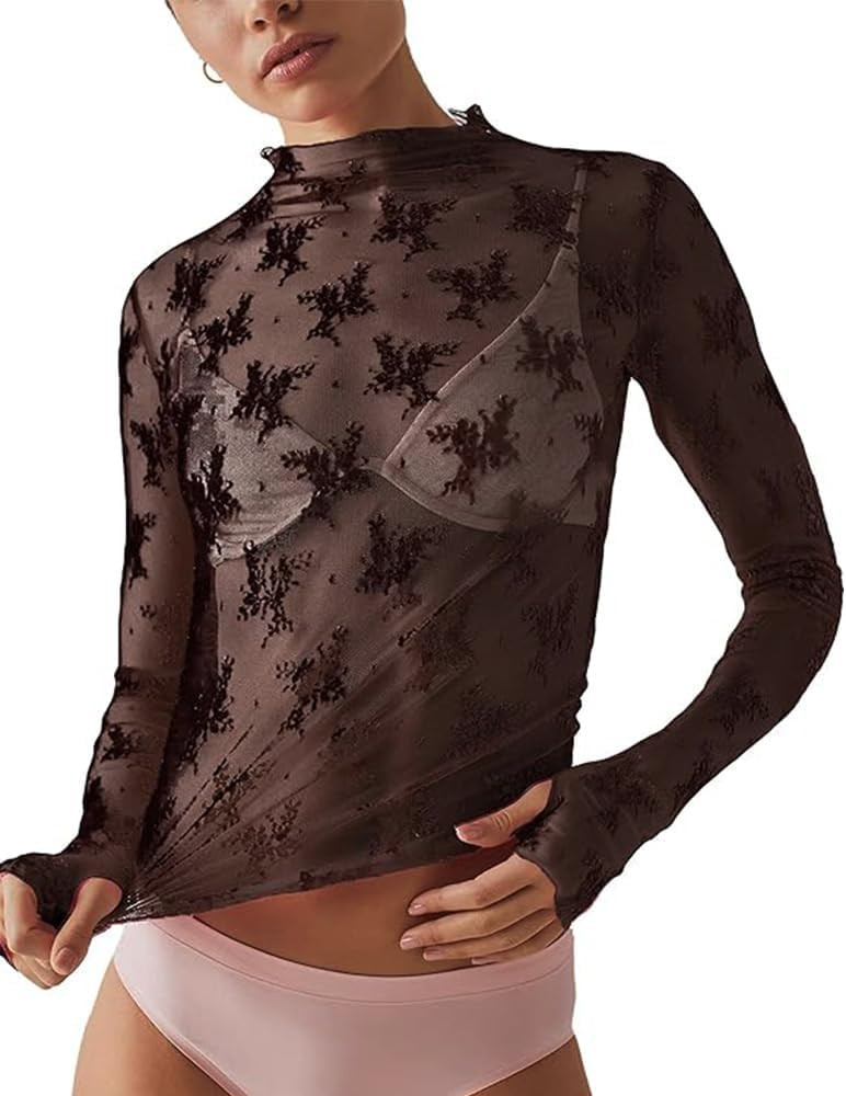 IWOLLENCE Women's Long Sleeve Mock Neck Lace Tops Sexy Floral Western See Through Blouse Sheer Me... | Amazon (US)