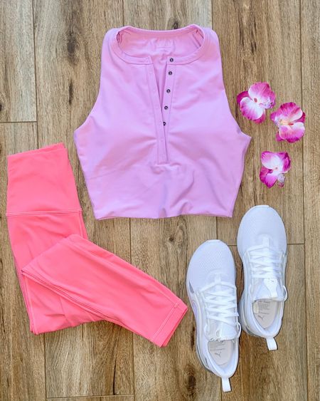Workout look. Lululemon aligns. Orchid pink sports bra. Longline sports bra. Running shoes. Workout set. 

Aligns are in the color “guava pink”, but very similar to the new raspberry color. 

#LTKFind #LTKfit #LTKSale