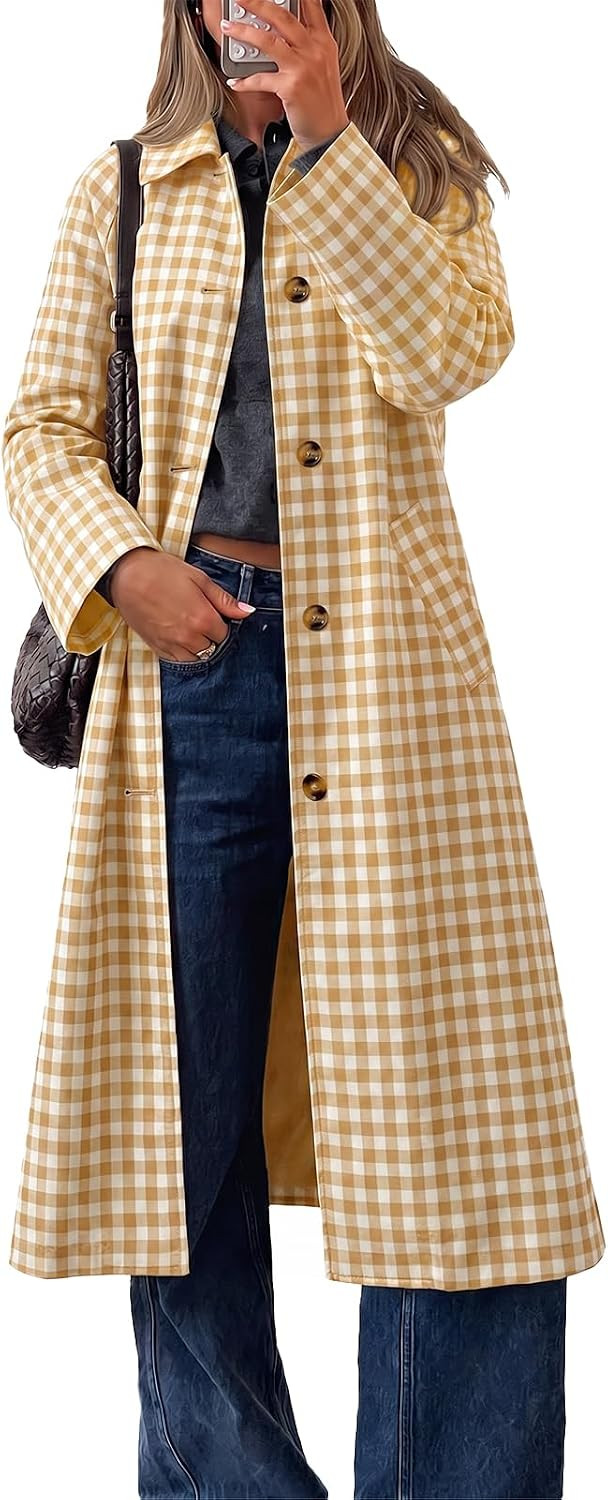 Cicy Bell Womens Plaid Trench Coat Fall Lapel Single Breasted Long Jacket | Amazon (US)