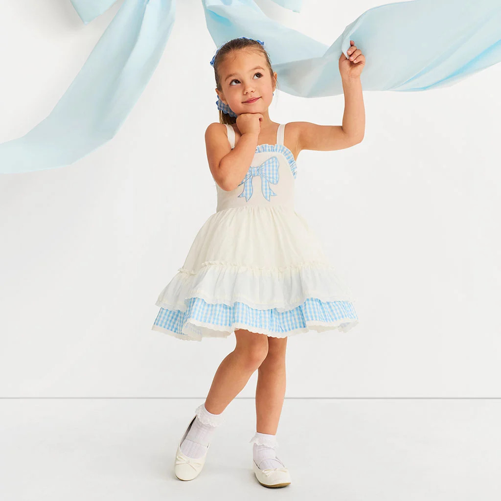 Bows Blue Scalloped Edda Bamboo Challis Criss-Cross Bow Dress | Posh Peanut\u00ae | Posh Peanut