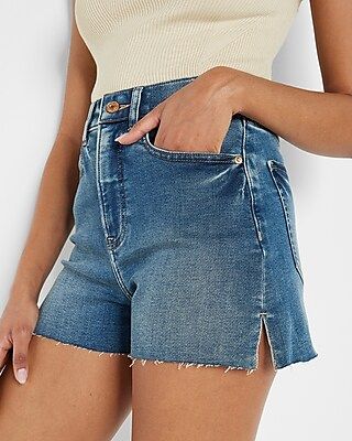 Super High Waisted Dark Wash Mom Jean Shorts | Express