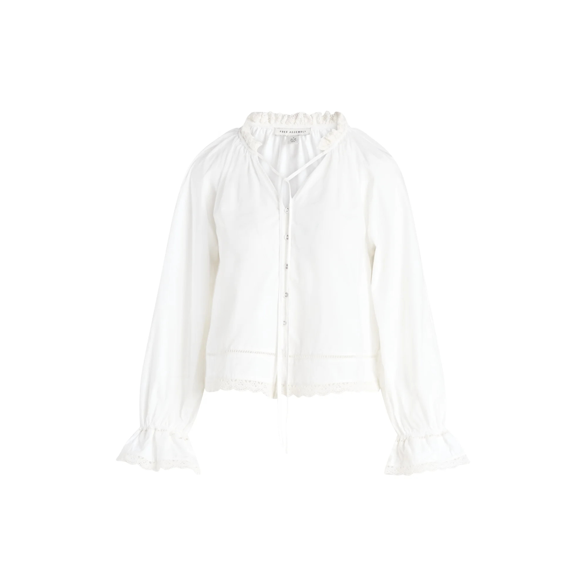 Free Assembly Women's Cotton Eyelet Ruffle Neck Blouse with Long Sleeves, Sizes XS-XXL | Walmart (US)