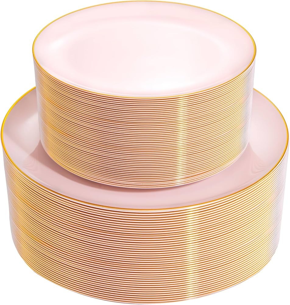 PULOTE 100PCS Pink Plastic Plates - Heavy Duty Pink Disposable Plates - Pink and Gold Plastic Pla... | Amazon (US)