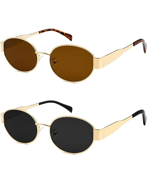 knliwkm 2 Pack Gold Retro Oval Sunglasses for Women Trendy Fashion Designer Dupes Shades Vintage ... | Amazon (US)